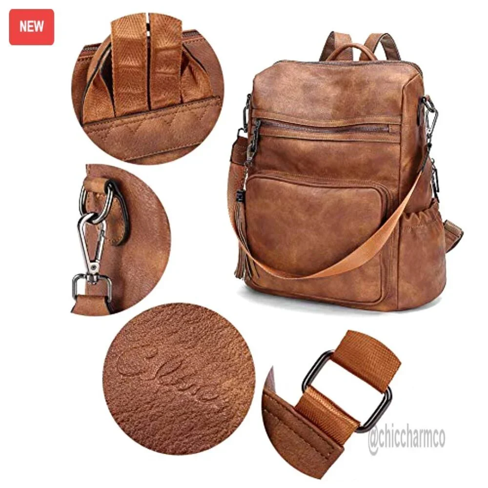 Large Leather Backpack Purse with Tassel, Convertible Shoulder Bag for Women - Picture 5 of 6